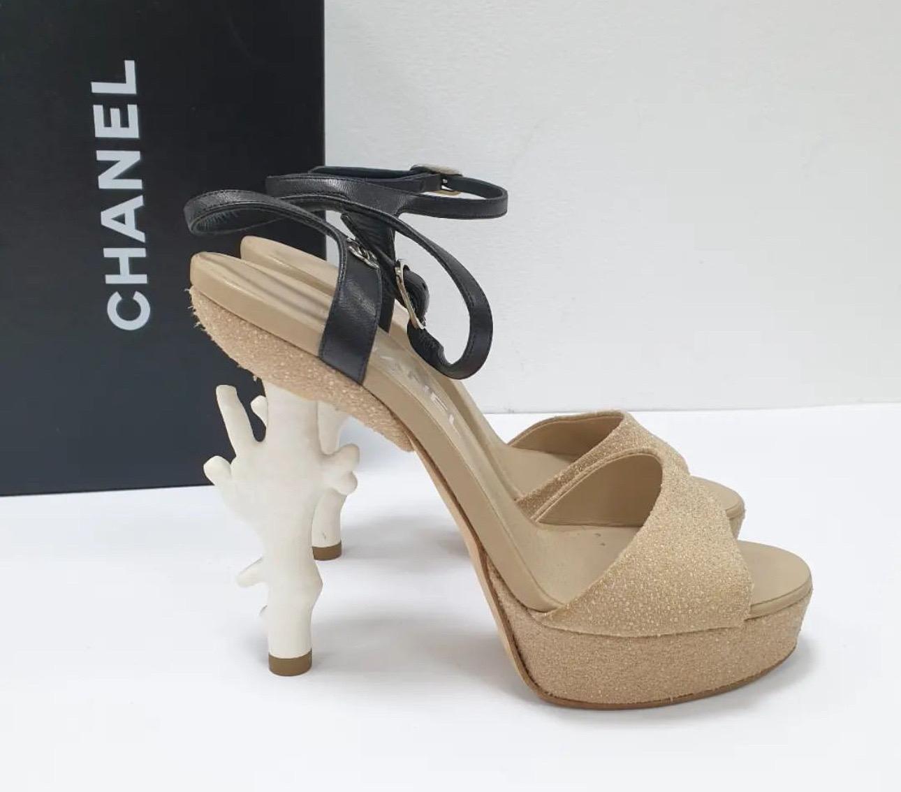 CHANEL 2012 Beige Sand Coral Heels Sandals For Sale 1