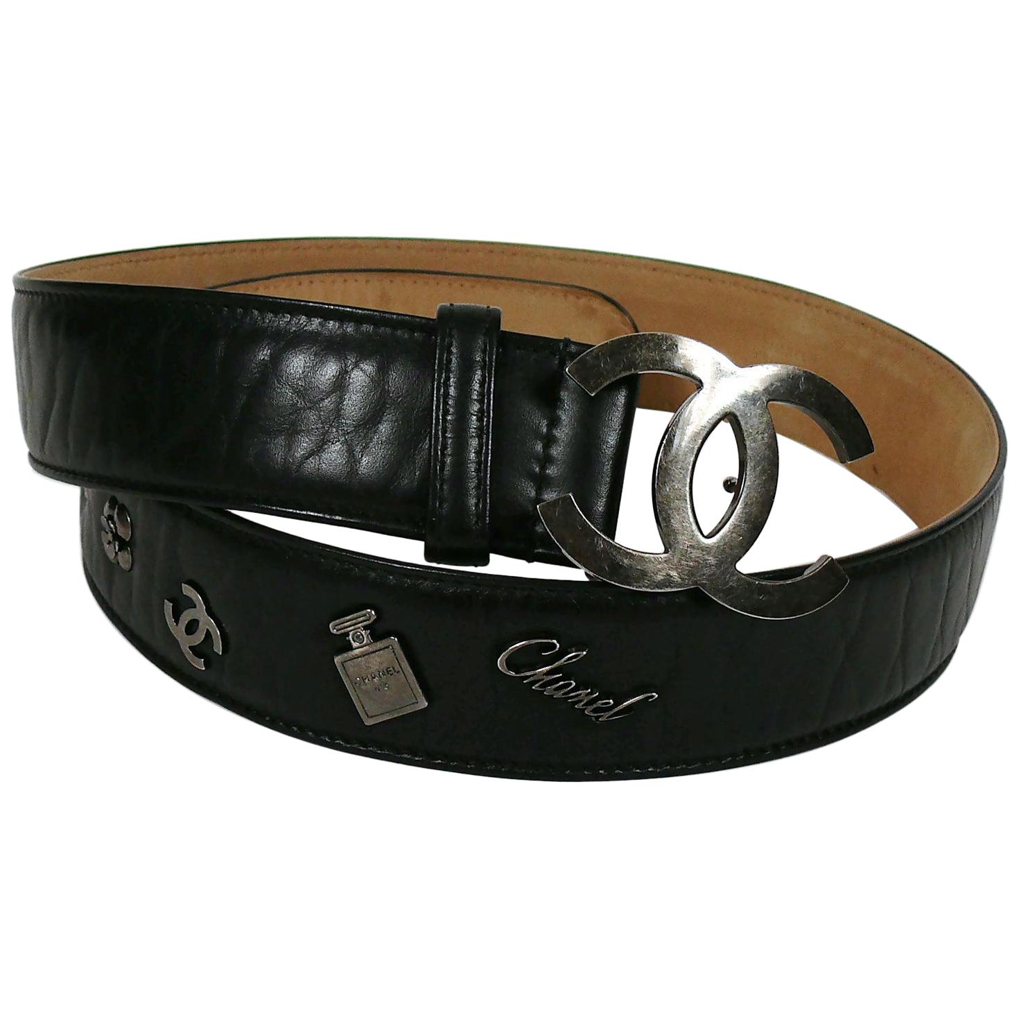 Chanel 2012 Black Leather Belt with CC Buckle and Iconic Details