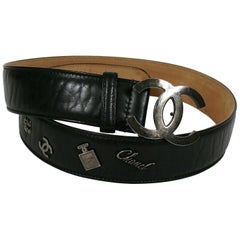 Chanel 2012 Black Leather Belt with CC Buckle and Iconic Details