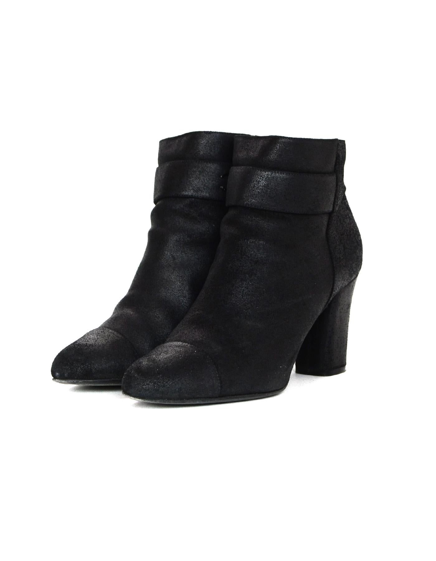 Chanel 2012 Black Suede Heeled Booties W/ CC Sz 42 In Excellent Condition In New York, NY
