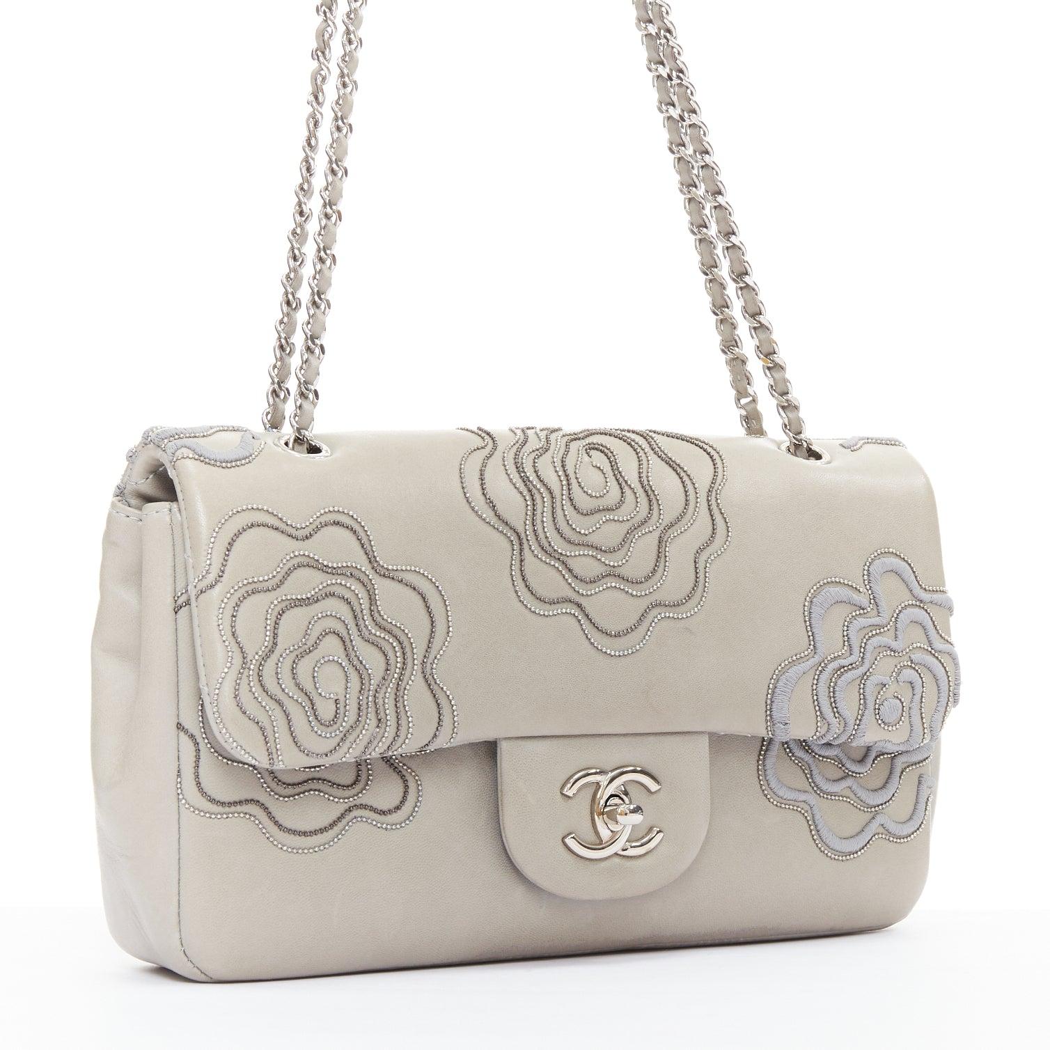 Gray CHANEL 2012 Camellia Follies Ricamata grey leather CC classic flap bag
