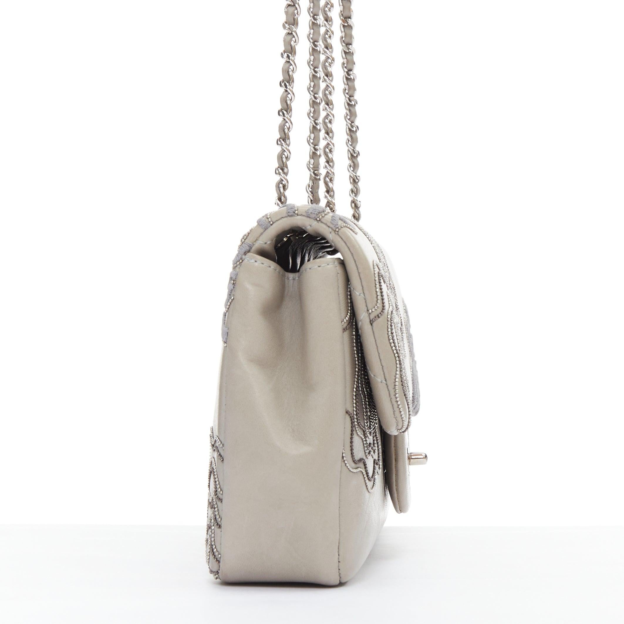 CHANEL 2012 Camellia Follies Ricamata grey leather CC classic flap bag In Good Condition In Hong Kong, NT