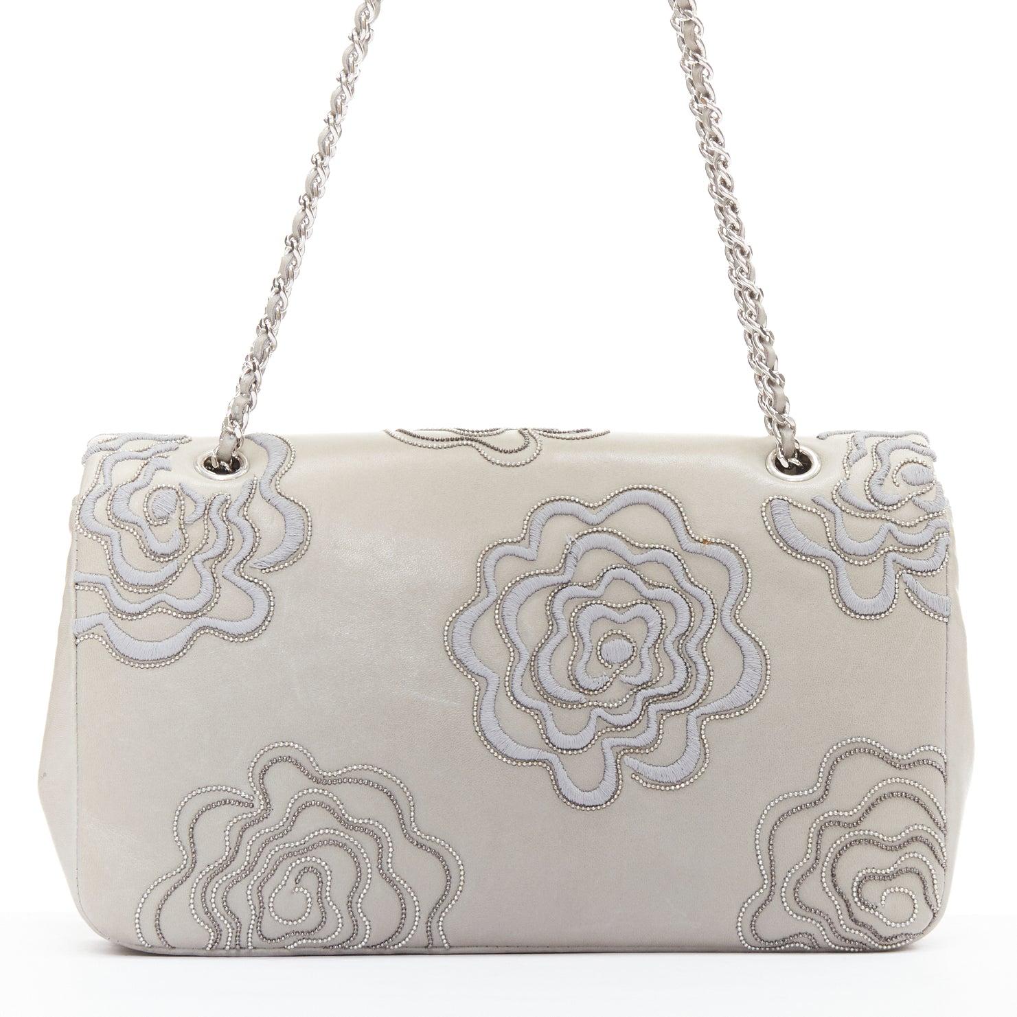 Women's CHANEL 2012 Camellia Follies Ricamata grey leather CC classic flap bag