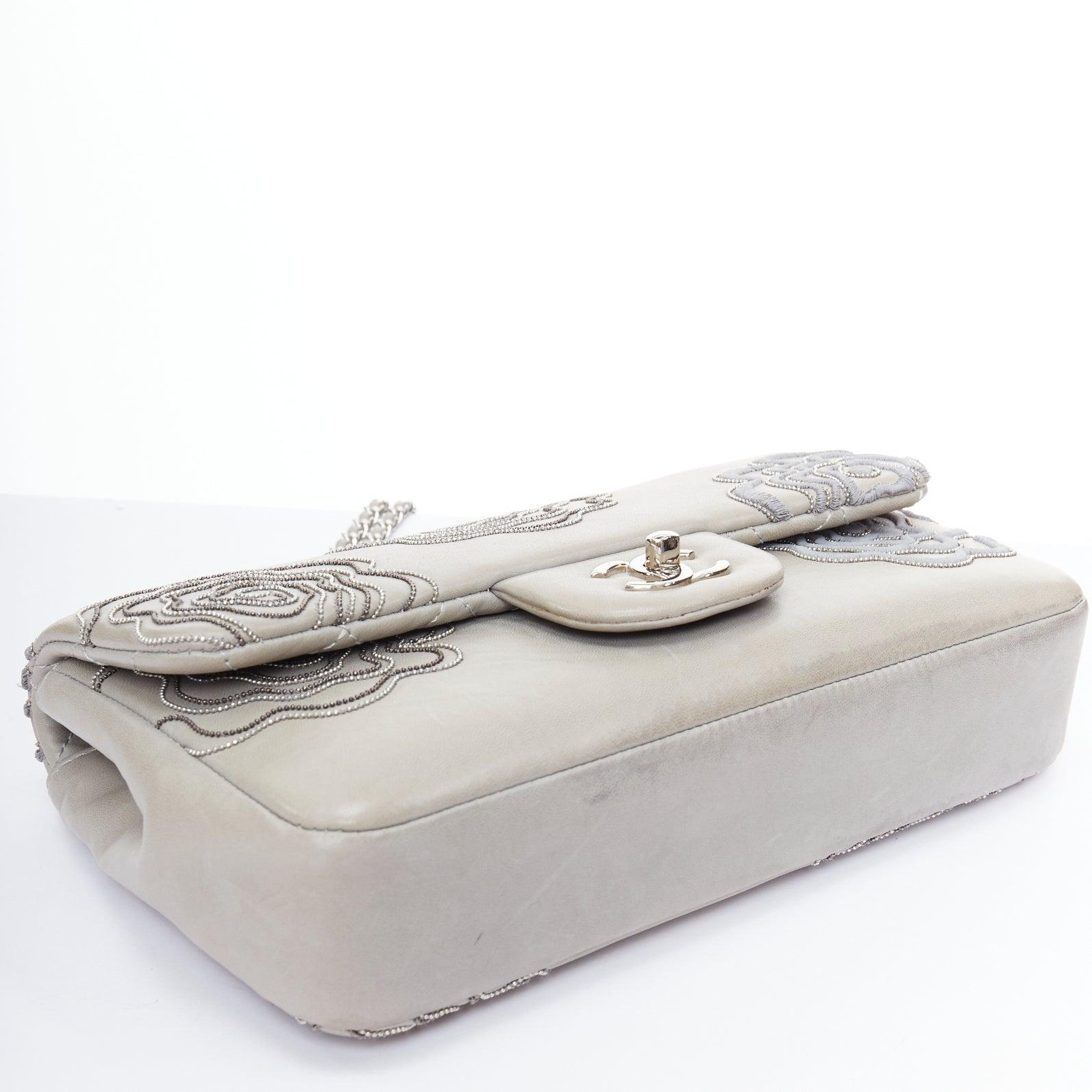 CHANEL 2012 Camellia Follies Ricamata grey leather CC classic flap bag 1