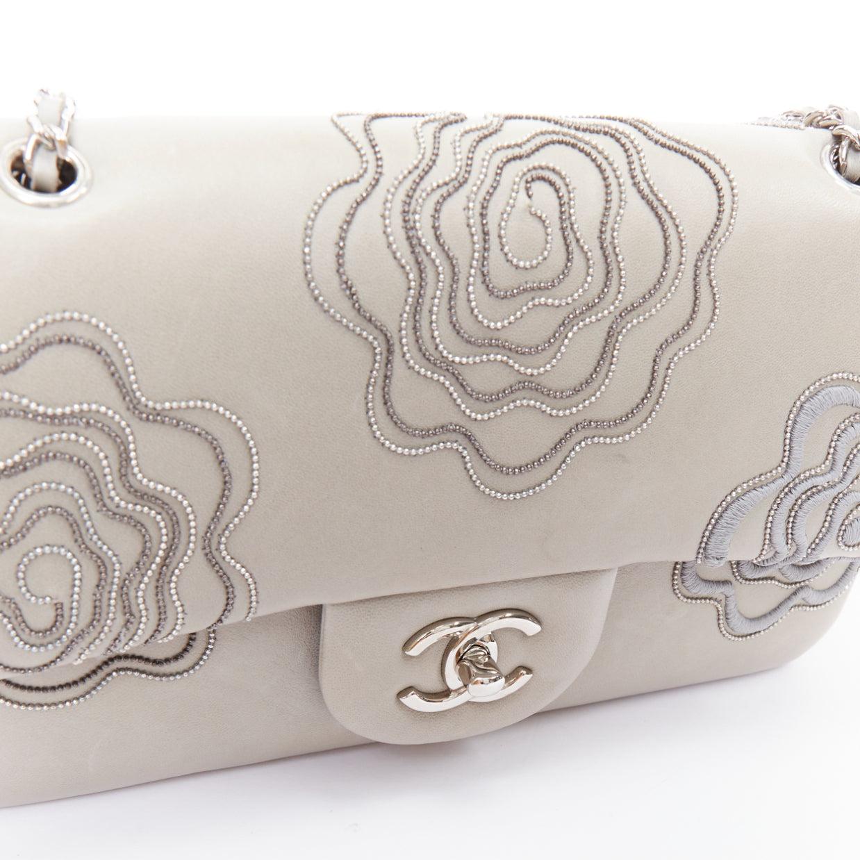 CHANEL 2012 Camellia Follies Ricamata grey leather CC classic flap bag 2