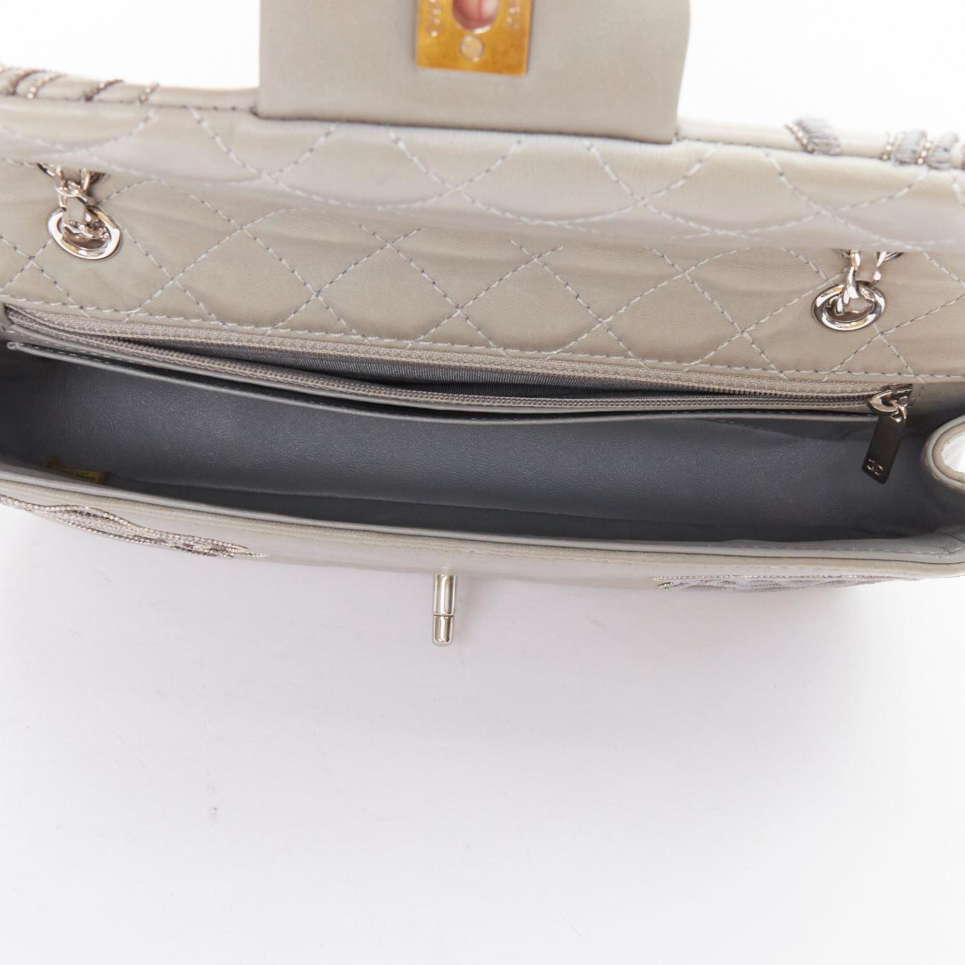 CHANEL 2012 Camellia Follies Ricamata grey leather CC classic flap bag 4