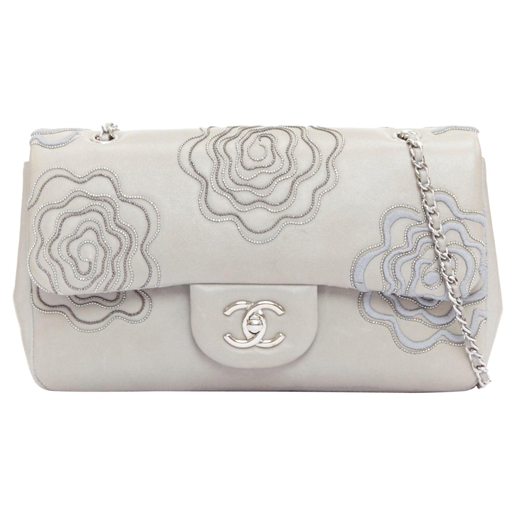 CHANEL 2012 Camellia Follies Ricamata grey leather CC classic flap bag
