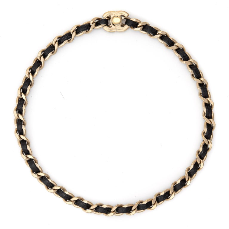 Chanel 2012 Choker Necklace Black Leather Chain Link CC Logo Turn Lock 15  Inch at 1stDibs