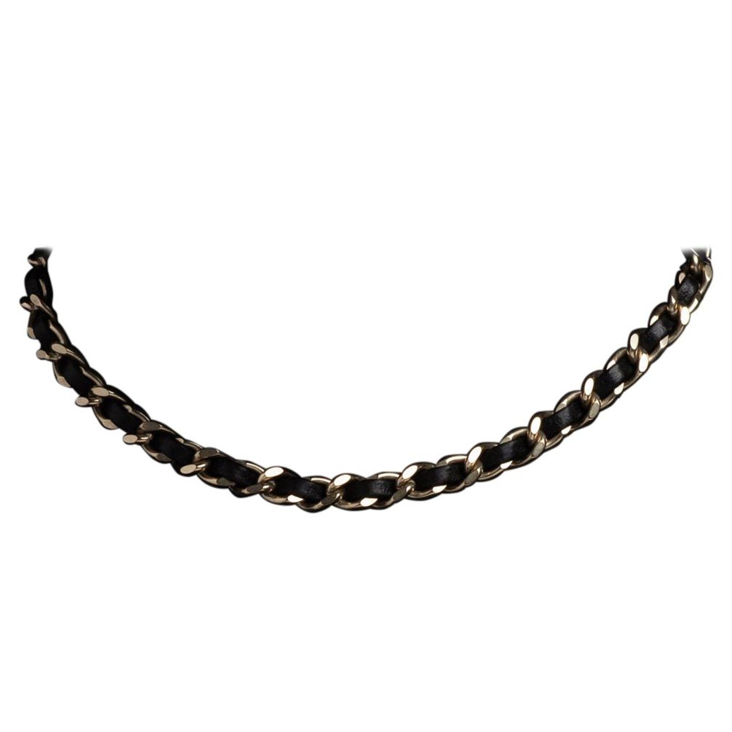 Chanel 2012 Choker Necklace Black Leather Chain Link CC Logo Turn Lock 15  Inch For Sale at 1stDibs