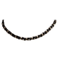  Chanel 2012 Choker Necklace Black Leather Chain Link CC Logo Turn Lock 15 Inch