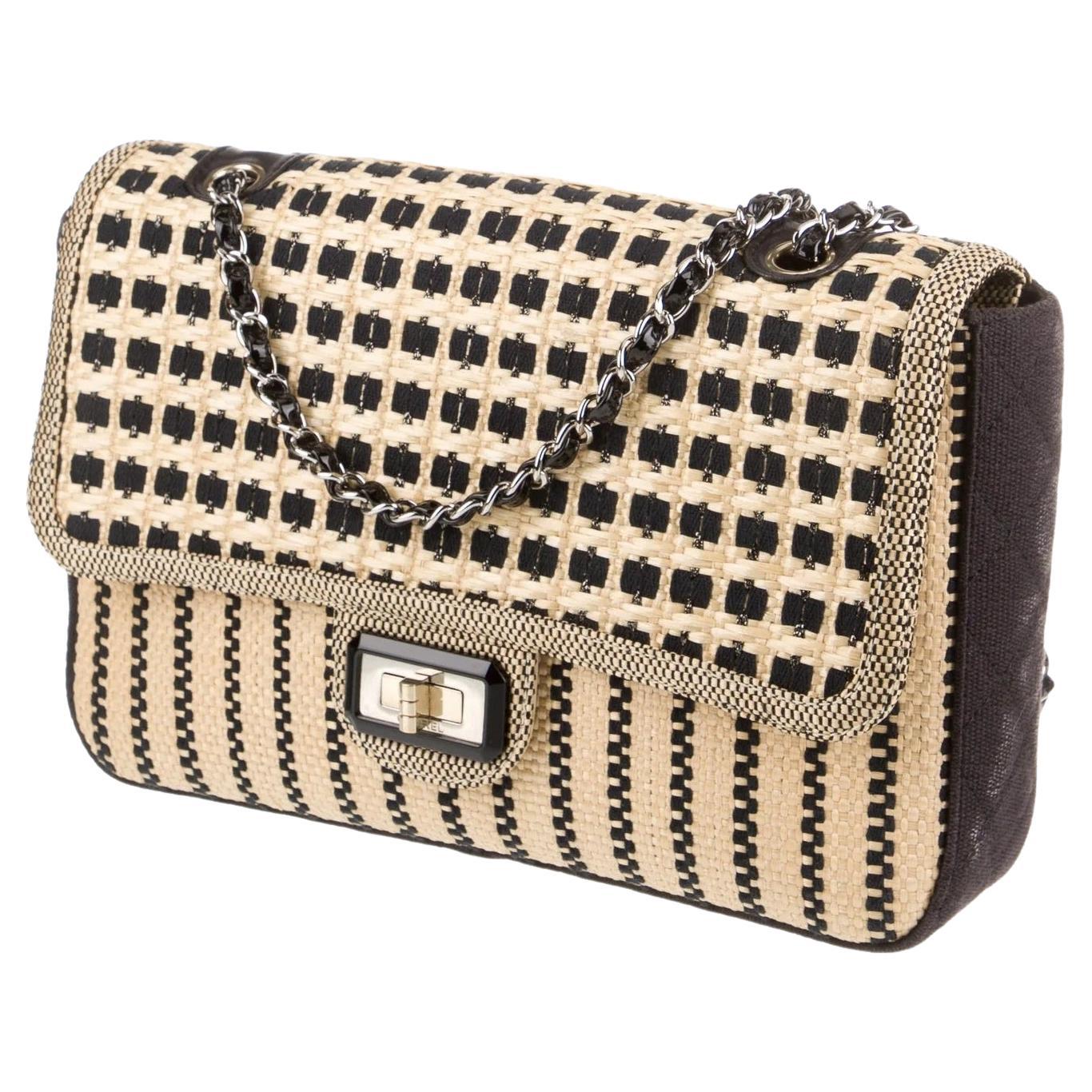 Chanel 2012 Classic Flap Jumbo Beige & Black Raffia Organic Straw Canvas Bag For Sale