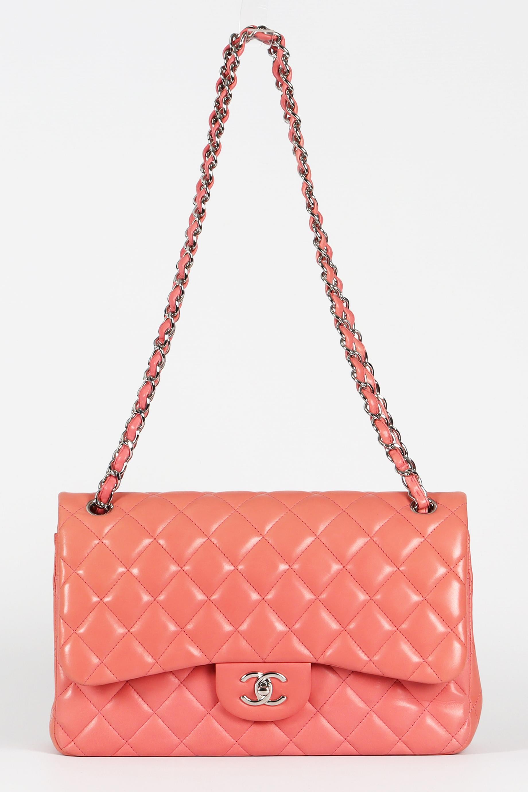 <ul>
<li>Chanel 2012 Classic Jumbo Double Flap Quilted Leather Shoulder Bag.</li>
<li>Pink.</li>
<li>Lock fastening - Front.</li>
<li>Does not come with - dustbag or box.</li>
<li><strong>Model: Timeless/Classique.</strong></li>
<li><strong>Height: