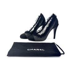Chanel 2012 Lagerfeld CC Logo Black Ruffle Cap Toe Pumps 37.5