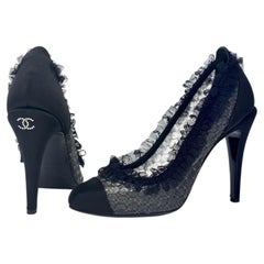 Chanel 2012 Lagerfeld CC Logo Black Ruffle Cap Toe Pumps 37.5