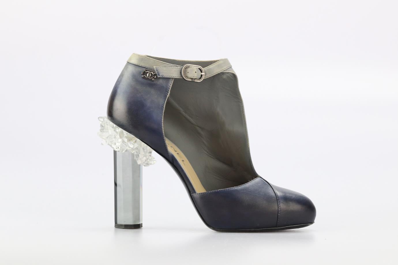 Chanel 2012 Leather Ankle Boots. Blue and navy. Buckle fastening - Side. Does not come with - dustbag or box. EU 38.5 (UK 5.5, US 8.5). Insole: 9.6 in. Heel height: 3.3 in. Condition: Used. Good condition - Wear to soles. Some scuff marks to upper