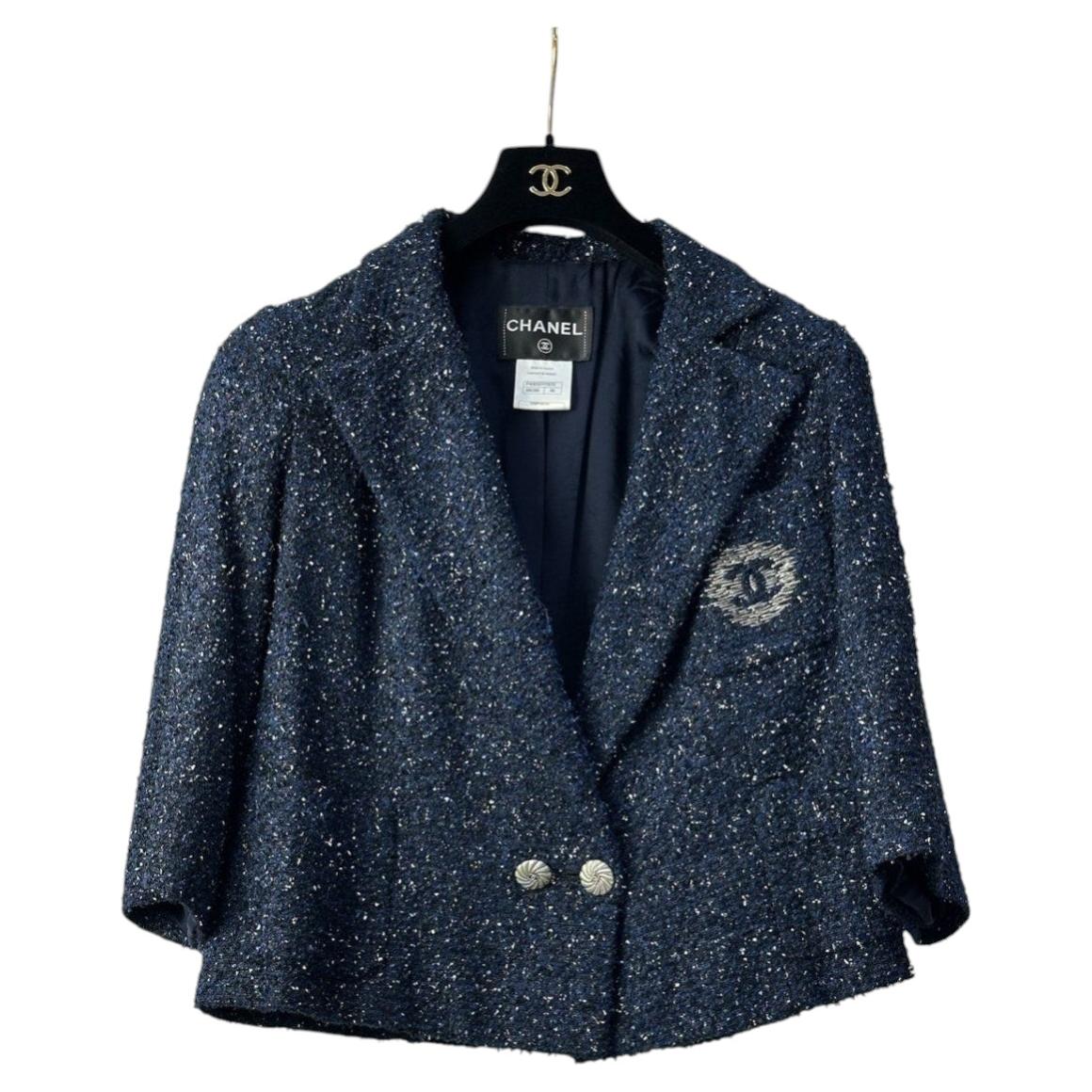 Chanel 2012 Navy Blue Tweed Jacket, Sz.38 For Sale