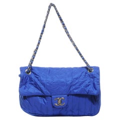 Chanel 2012 Quilted Microfiber Blue Nylon Shoulder Classic Flap Bag