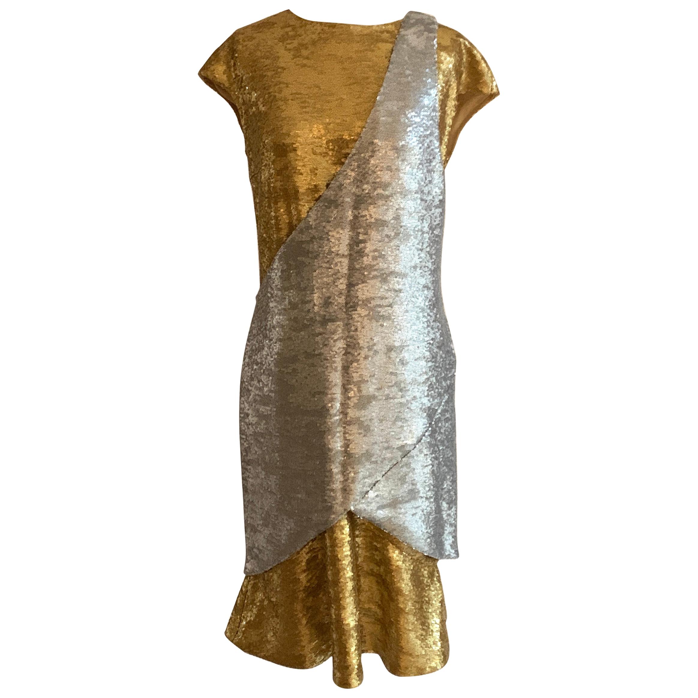 Chanel 2012 Runway Silver & Gold Sequin Sari Inspired Two Piece Dress