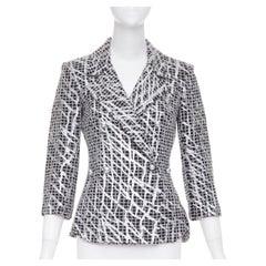 CHANEL 2012 Runway Silver Metallic Graffiti Print black check tweed jacket FR36