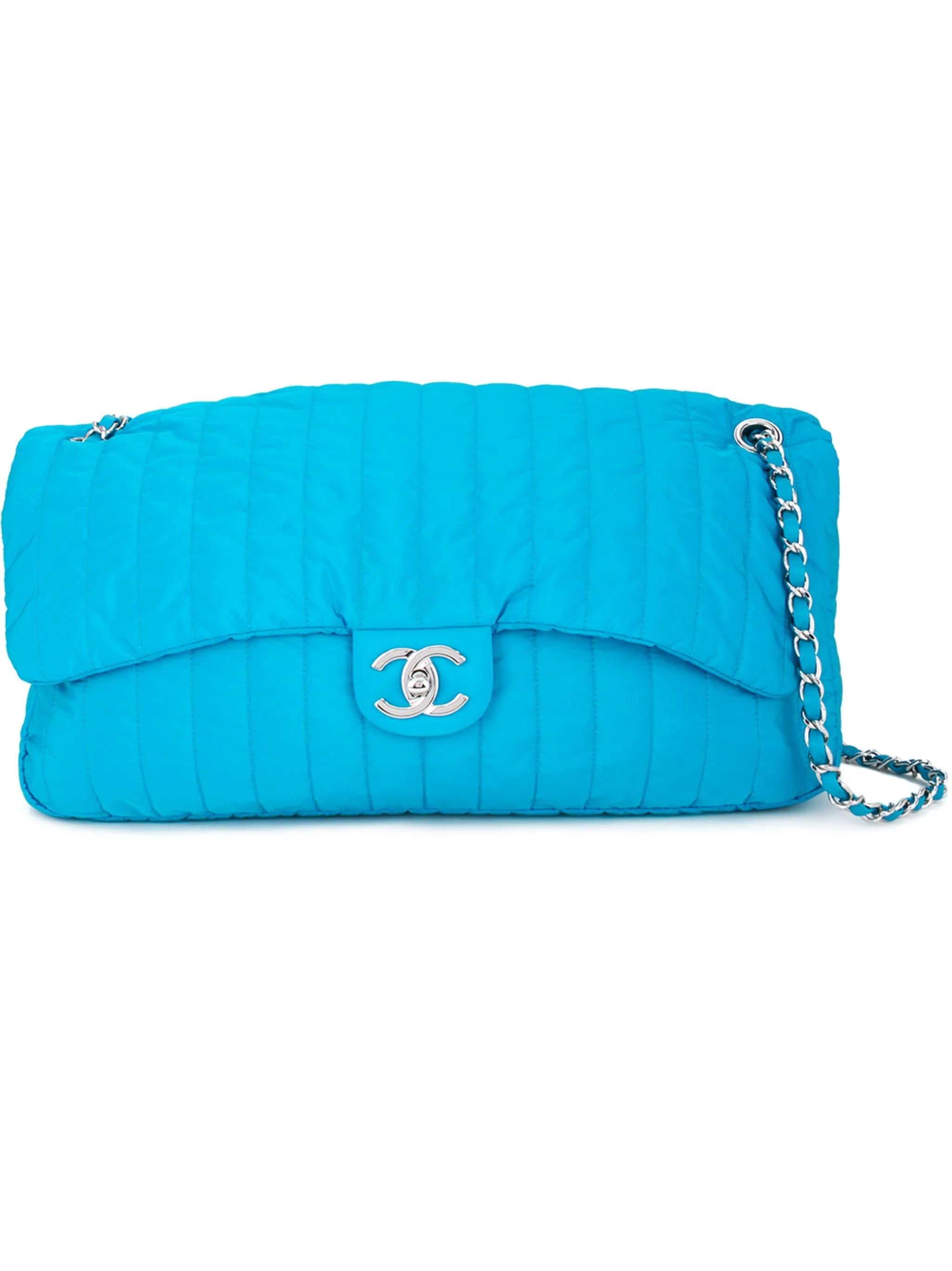 Blue Chanel 2012 Turquoise Teal Nylon Stripe Quilted Classic Flap Shoulder Bag For Sale