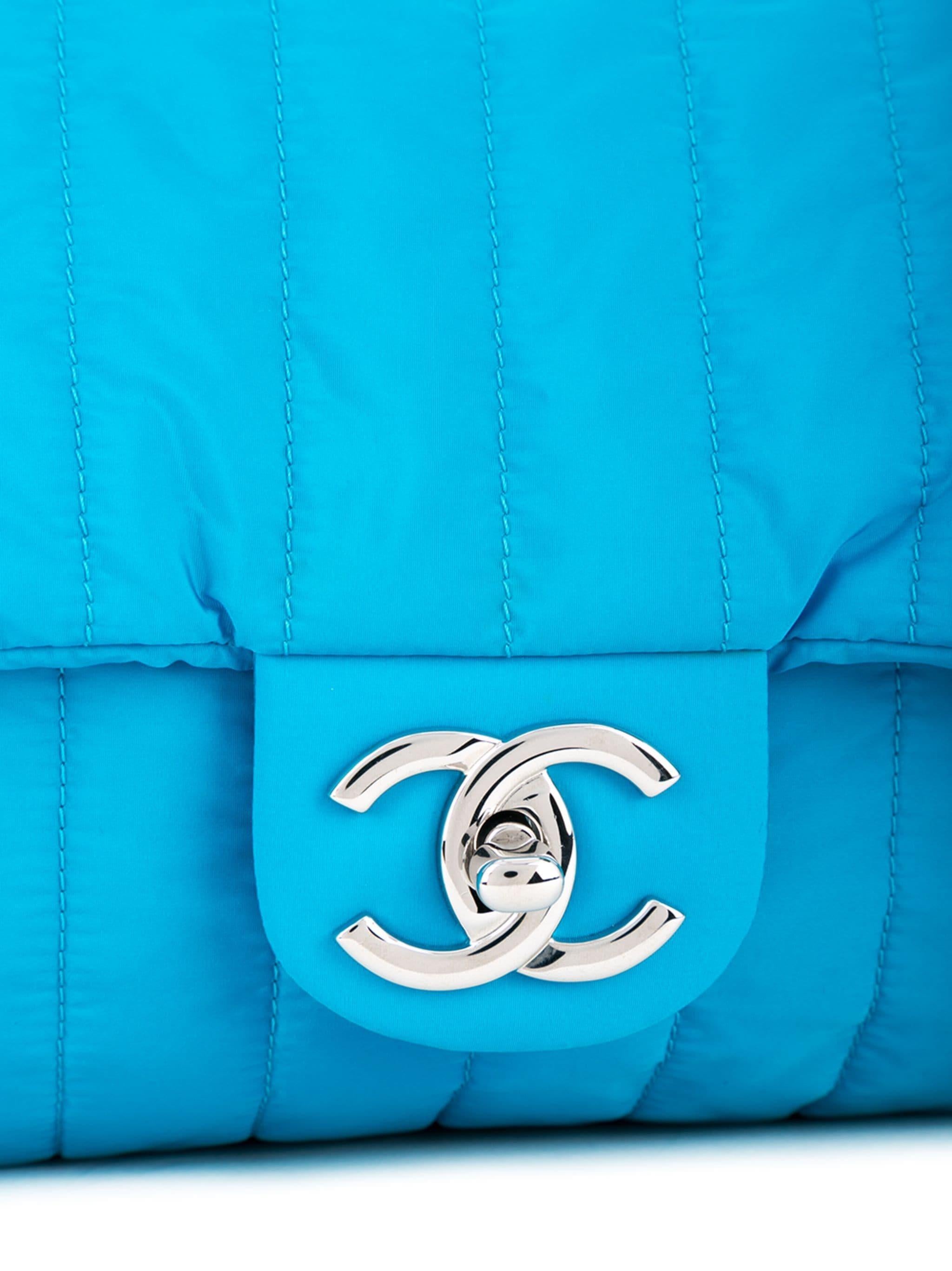 Chanel 2012 Turquoise Teal Nylon Stripe Quilted Classic Flap Shoulder Bag In Good Condition For Sale In Miami, FL