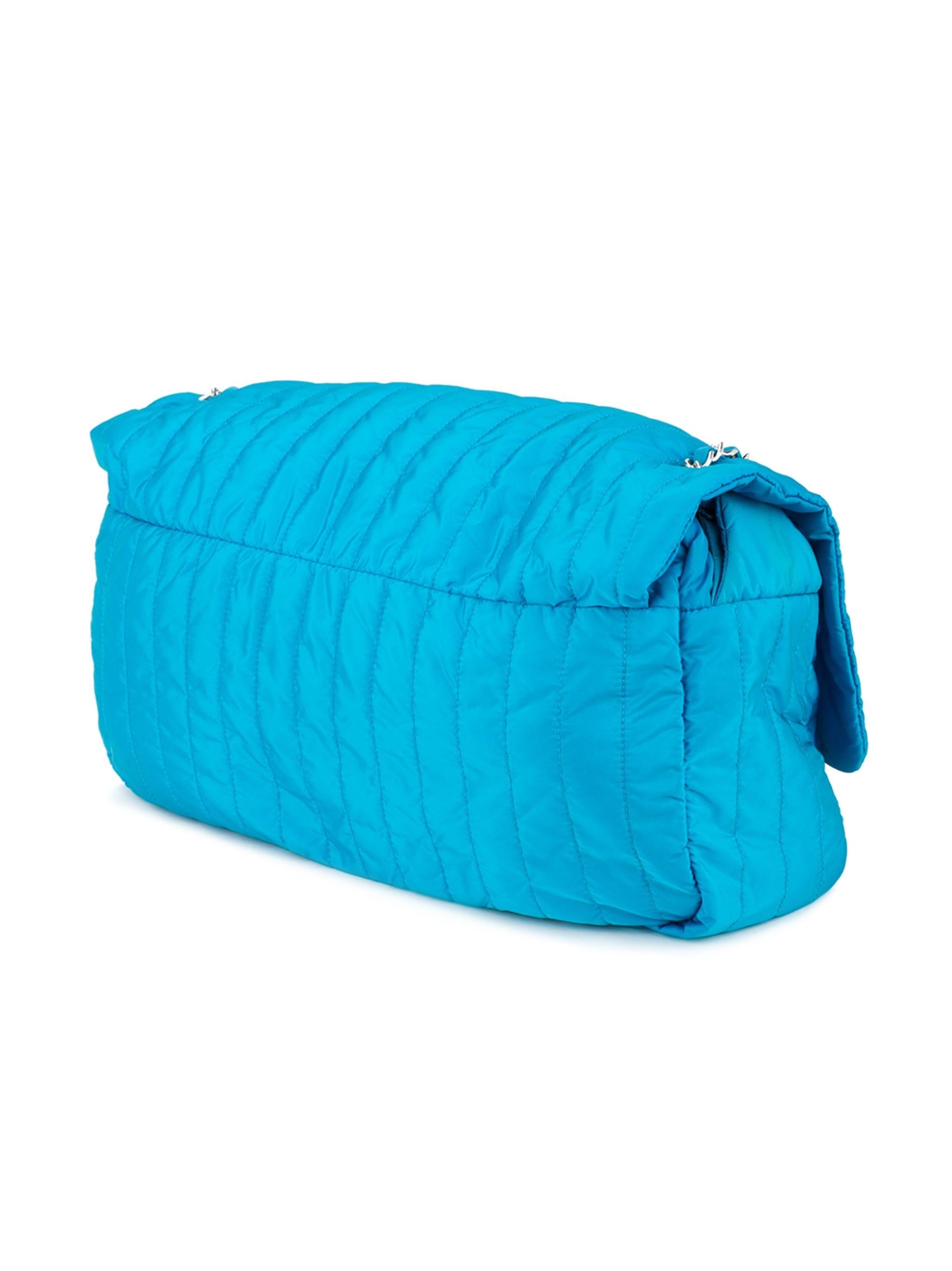 Women's or Men's Chanel 2012 Turquoise Teal Nylon Stripe Quilted Classic Flap Shoulder Bag For Sale