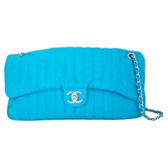 Chanel 2012 Turquoise Teal Nylon Stripe Quilted Classic Flap Shoulder Bag