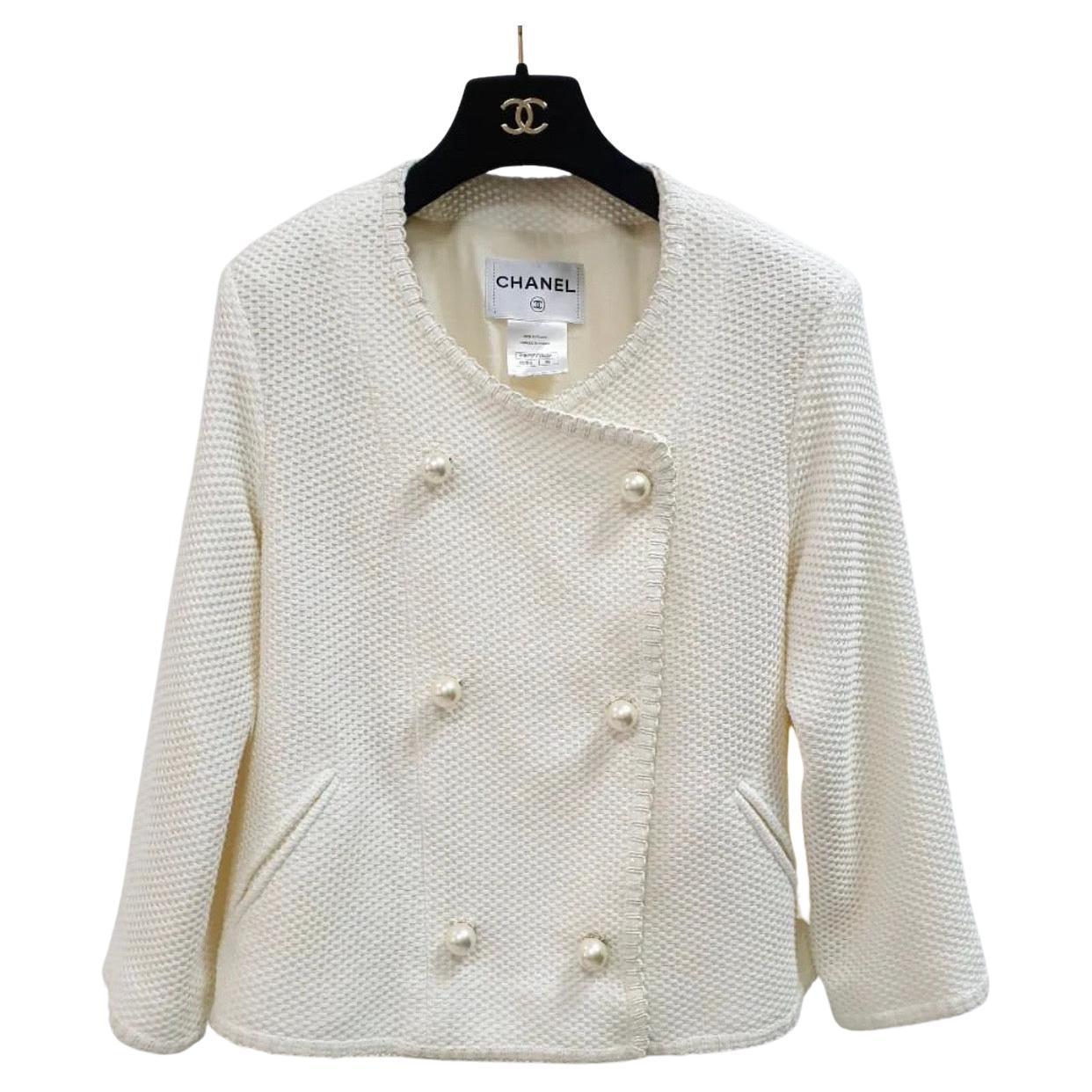 CHANEL 2013 13S Tweed  White Pearl Double Breasted Jacket Blazer