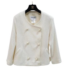 CHANEL 2013 13S Tweed  White Pearl Double Breasted Jacket Blazer