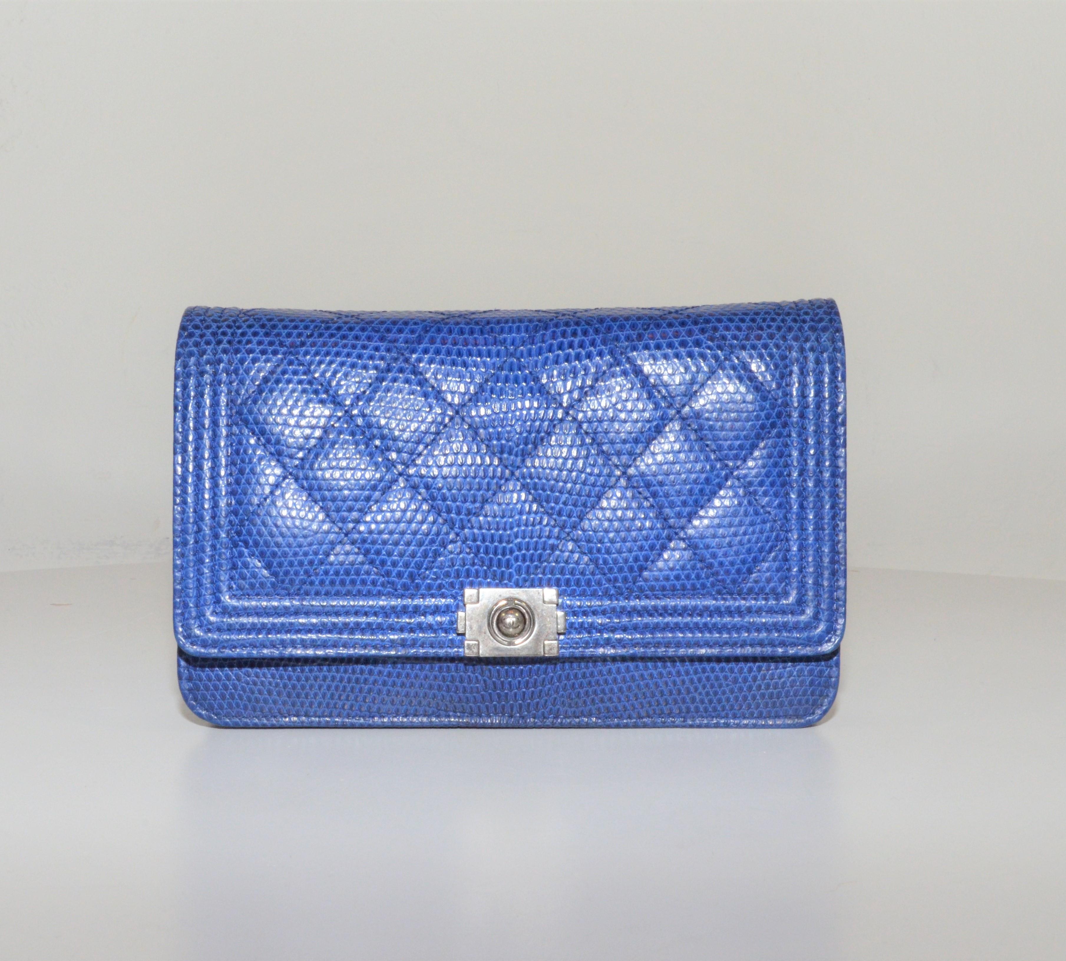 Chanel 2013-14 Blue Lizard BOY Wallet On a Chain In Excellent Condition In Carmel, CA