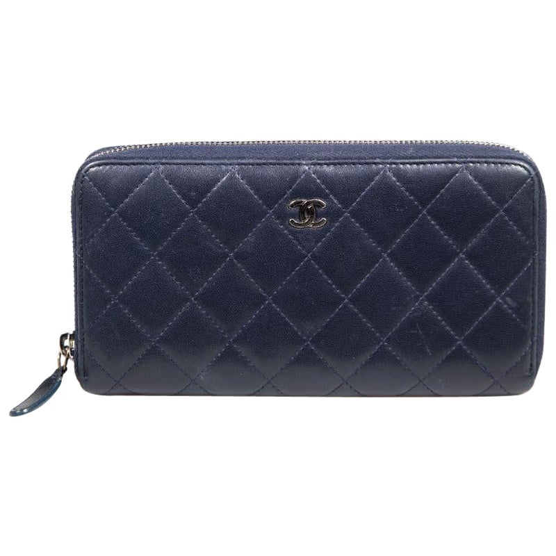 Chanel 2013-2014 Navy Lambskin Quilted Zip-Around Wallet