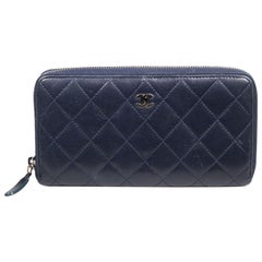 Chanel 2013-2014 Navy Lambskin Quilted Zip-Around Wallet