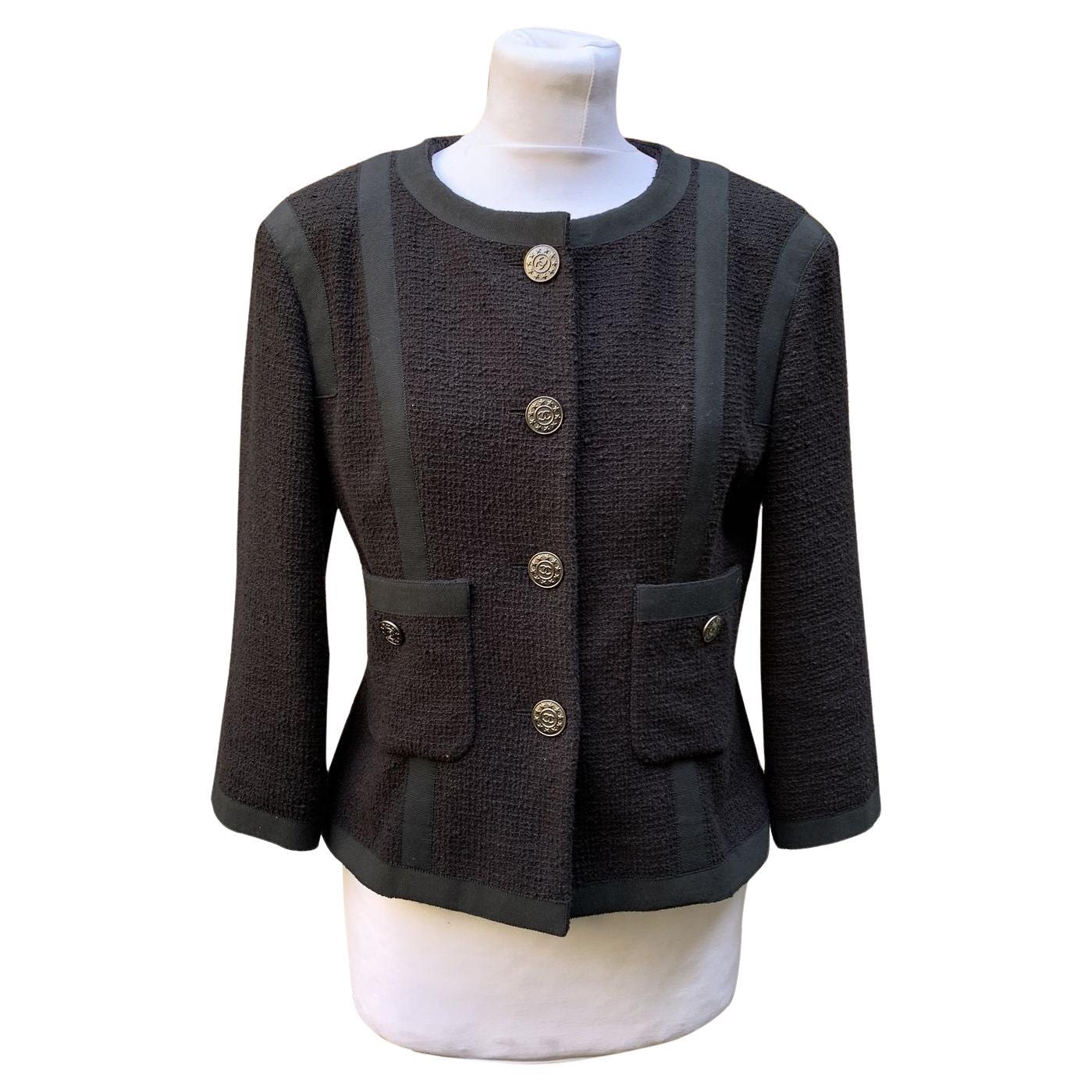 Chanel 2013 Black Cotton Tweed 3/4 Length Jacket Size 36 FR For Sale