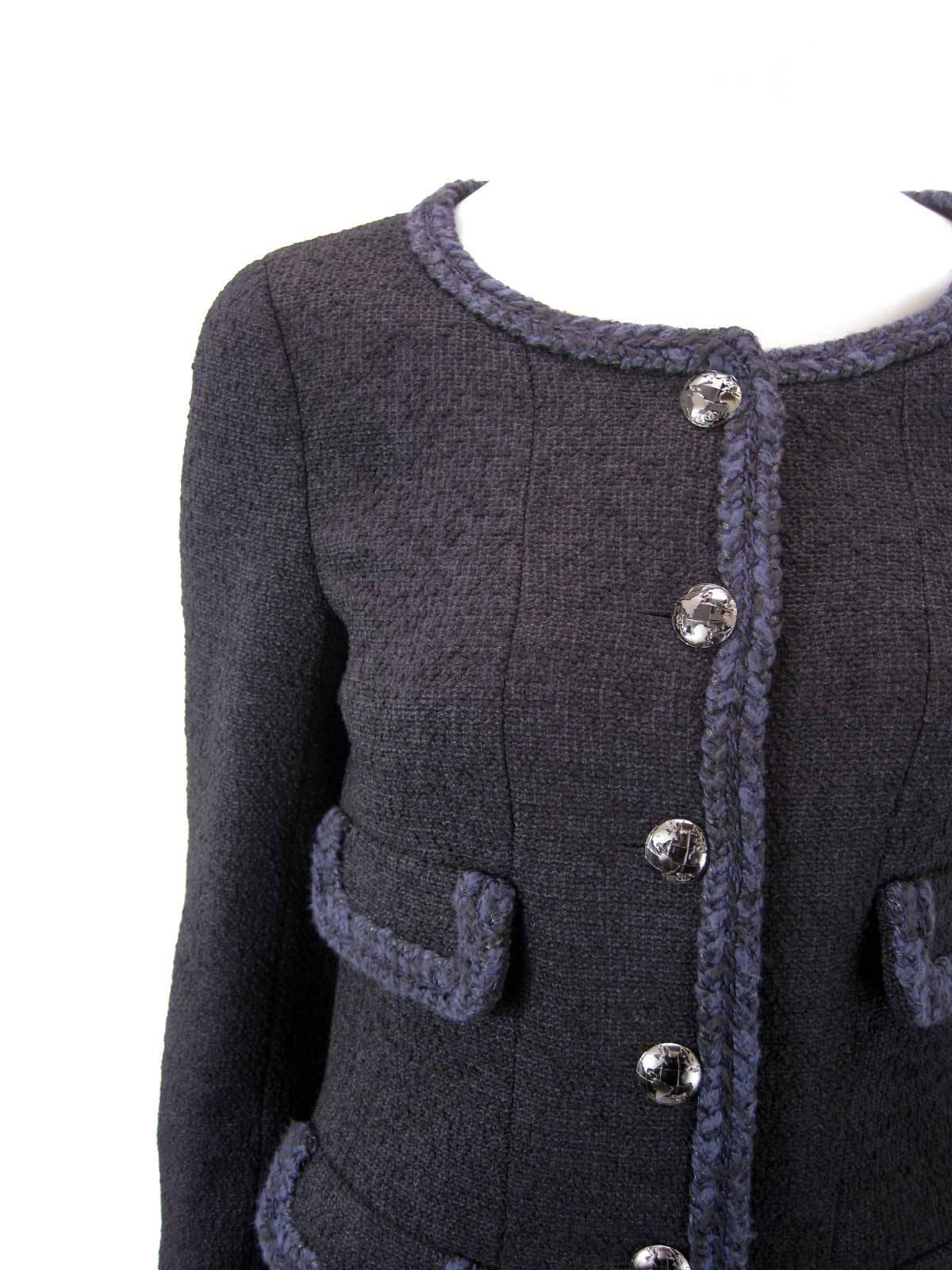 Chanel 2013 Chaqueta de lana negra de tweed con ribetes trenzados Negro