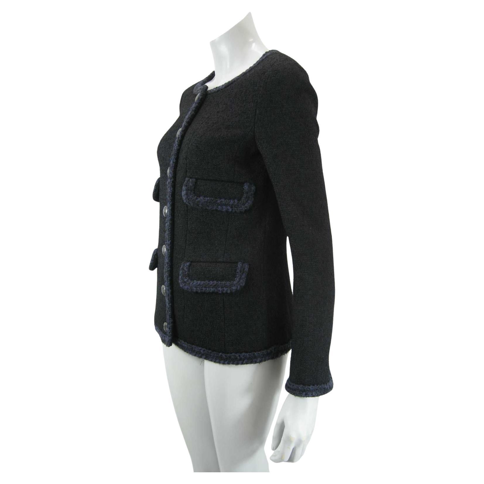 De las mujeres Chanel 2013 Chaqueta de lana negra de tweed con ribetes trenzados