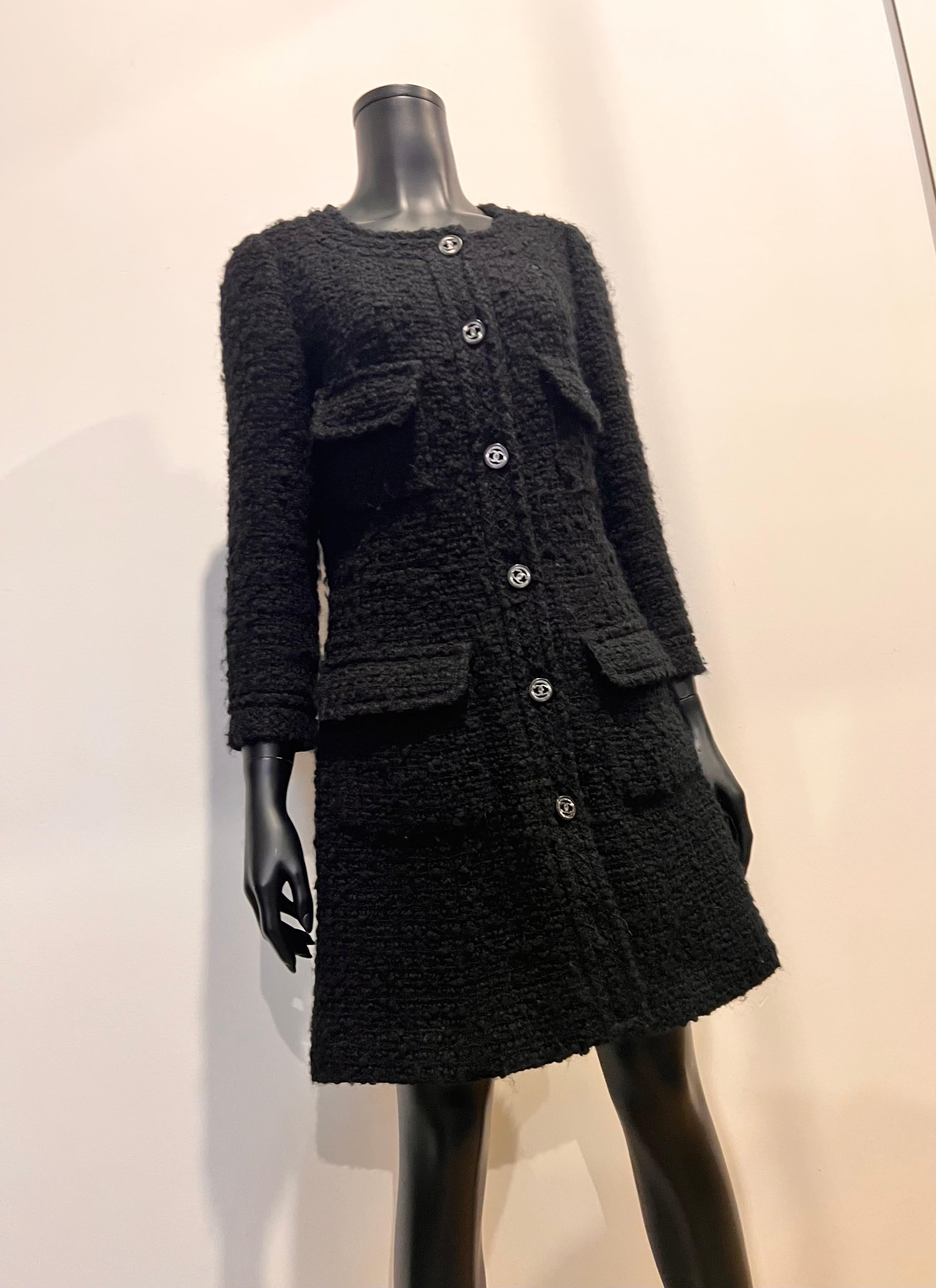 Chanel 2013 boucle tweed coat dress in black with CC details buttons  1