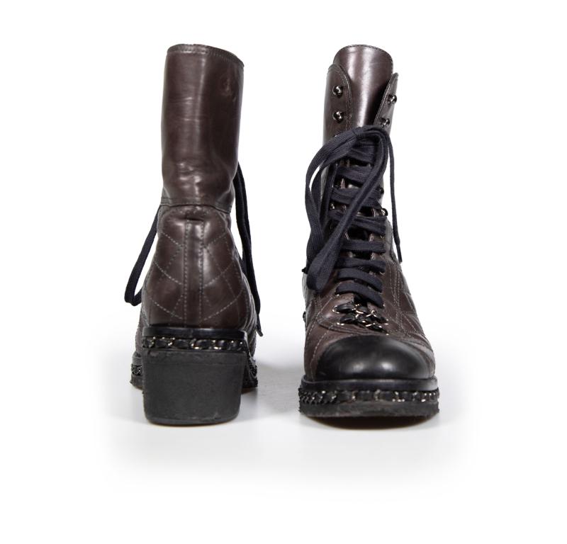 Black Chanel 2013 Brown Leather CC Logo Combat Boots Size IT 40.5