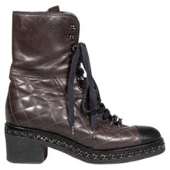 Chanel 2013 Brown Leather CC Logo Combat Boots Size IT 40.5