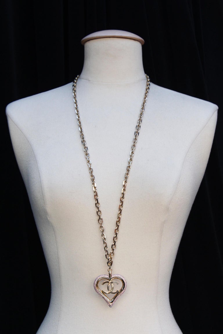 CHANEL 2013 Chain necklace with pink heart pendant and CC logo at 1stDibs