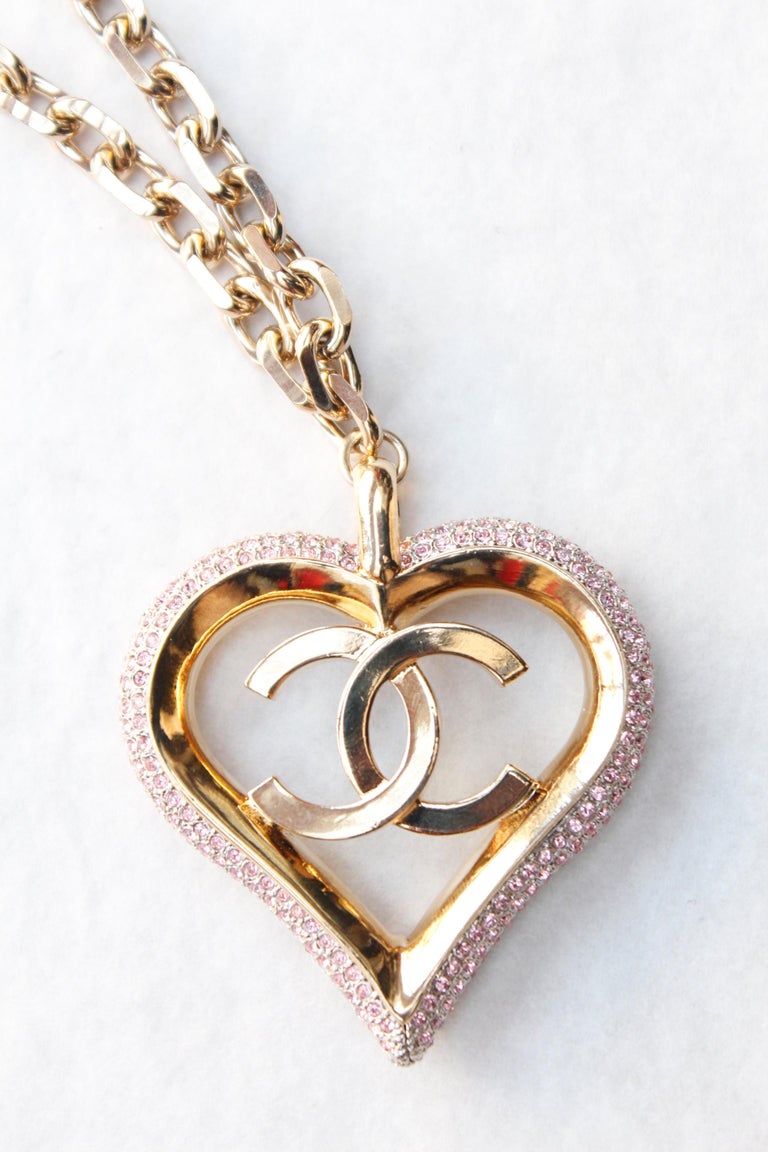 CHANEL 2013 Chain necklace with pink heart pendant and CC logo at 1stDibs