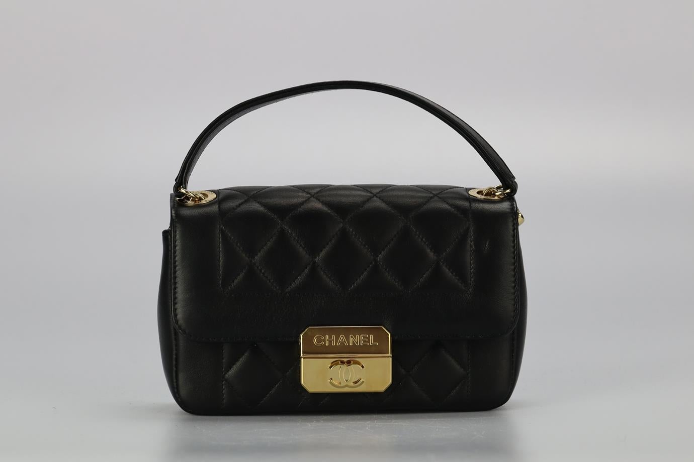 Chanel 2013 Chic With Me Mini Rectangle Flap Quilted Leather Shoulder Bag. Black. Push lock fastening - Front. Comes with - dustbag and authenticity card. Height: 7.7 in. Width: 2.1 in. Depth: 2.1 in. Strap drop: 21.2 in. Condition: Used. Very good
