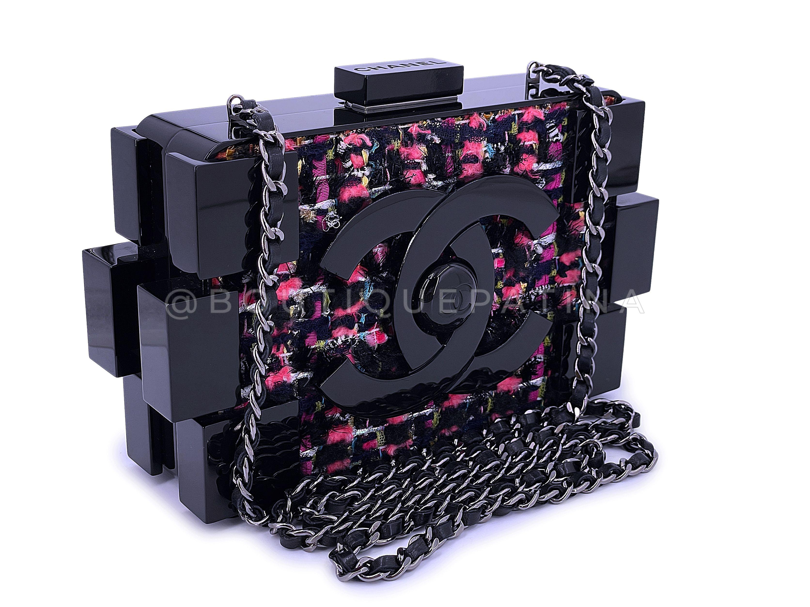 Chanel 2013 Fuchsia Schwarz Tweed Lego Brick Minaudière Clutch Bag 67566 im Zustand „Hervorragend“ im Angebot in Costa Mesa, CA