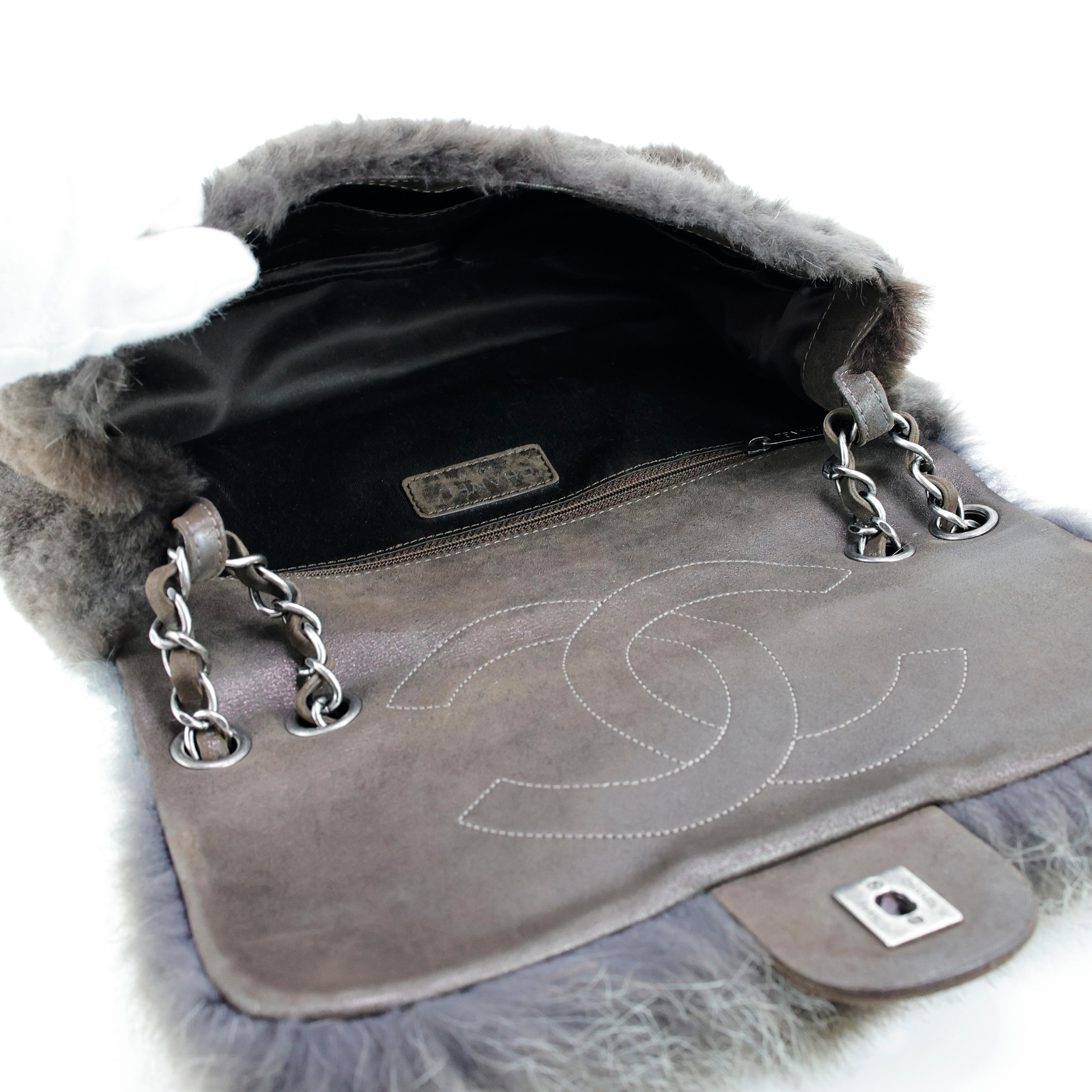 Chanel 2013 Grey Fur CC Flap Bag For Sale 6