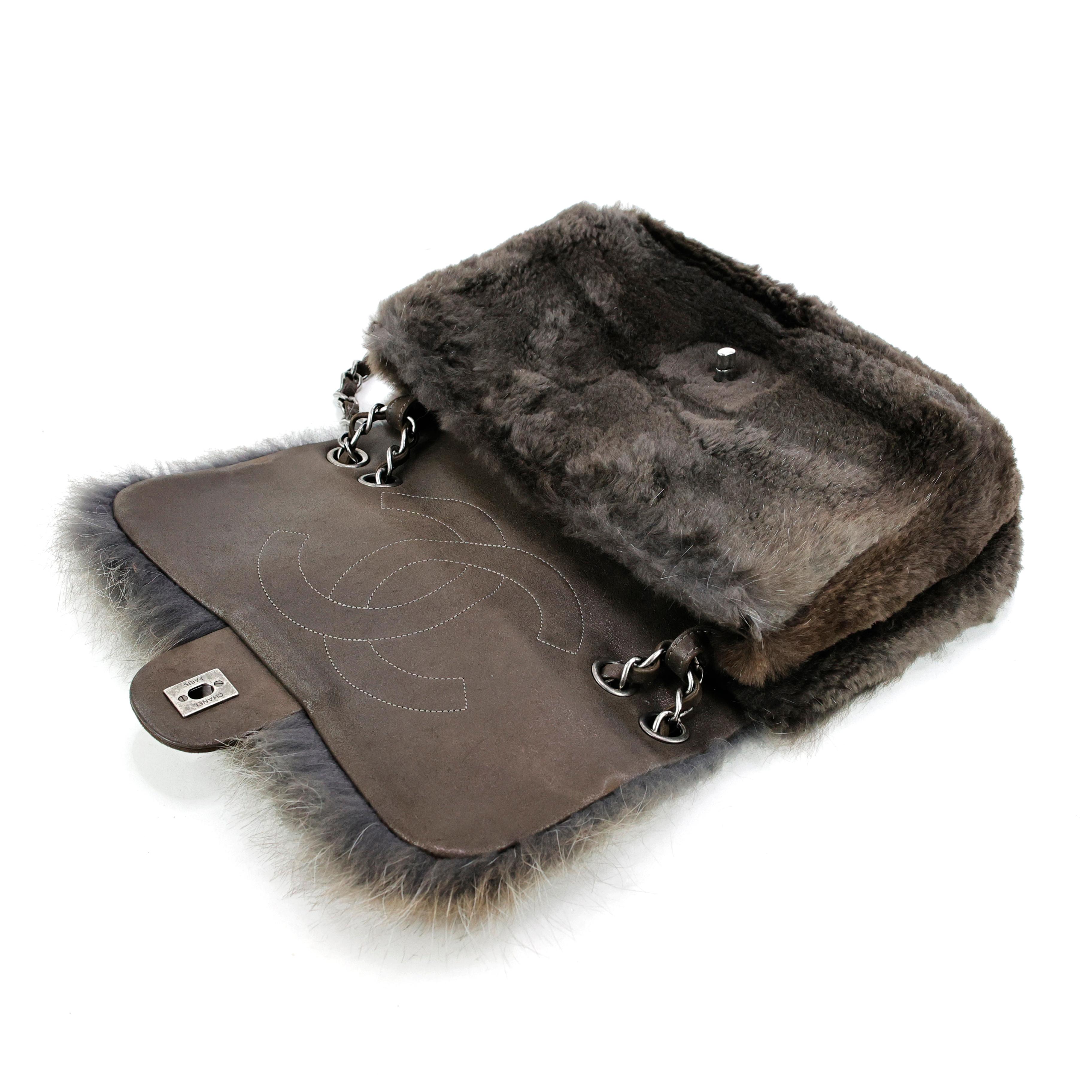 Chanel 2013 Grey Fur CC Flap Bag For Sale 7