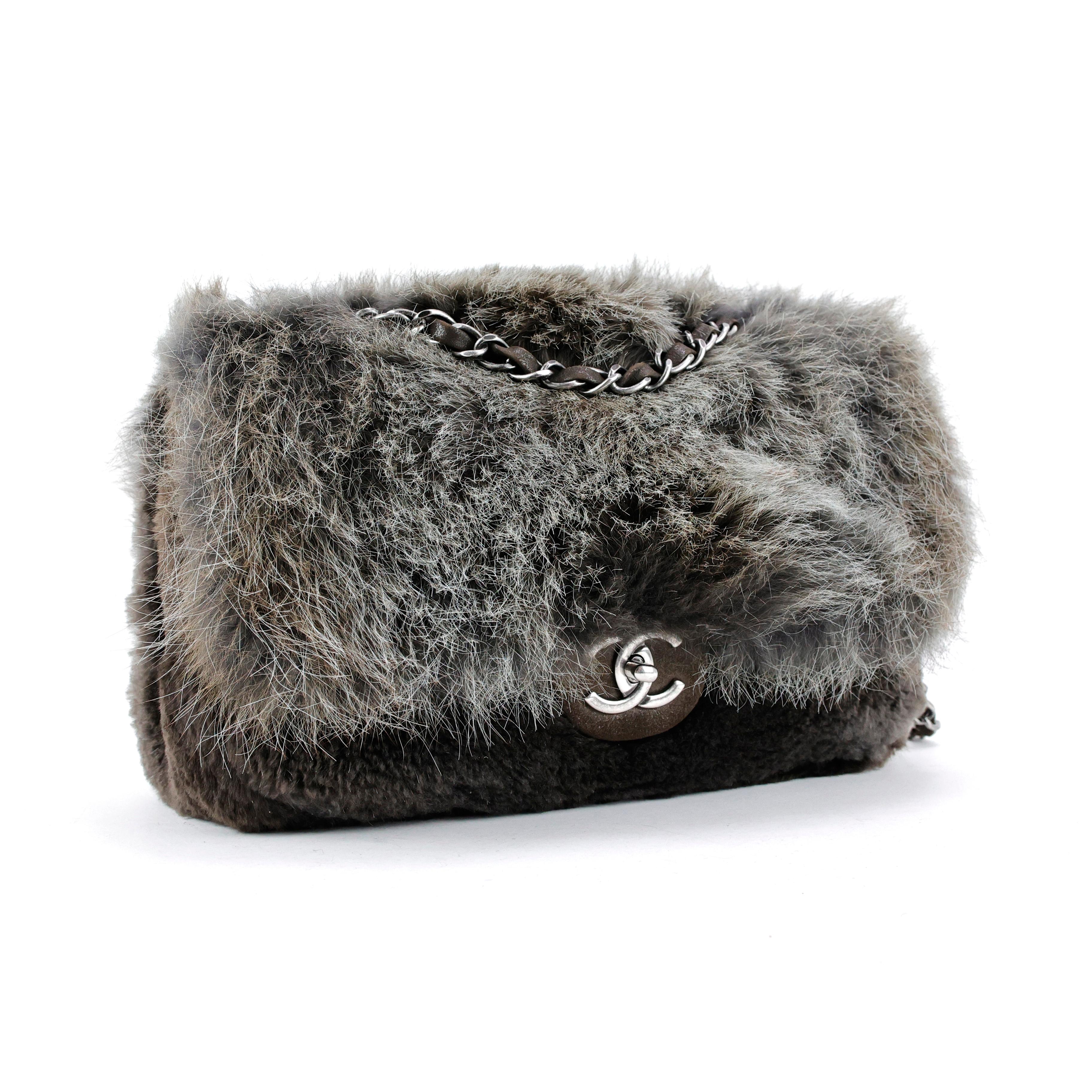 Black Chanel 2013 Grey Fur CC Flap Bag For Sale
