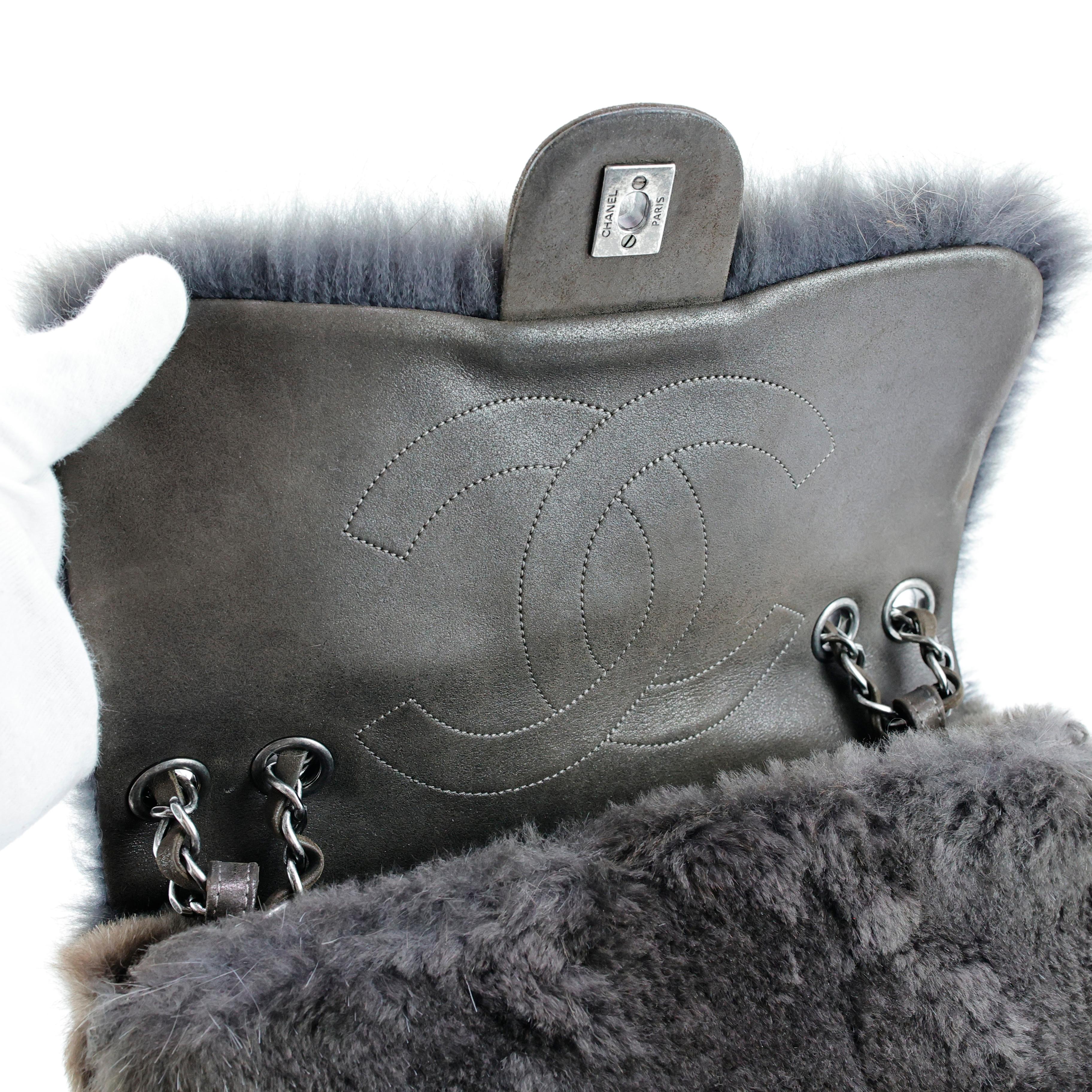 Chanel 2013 Grey Fur CC Flap Bag For Sale 2
