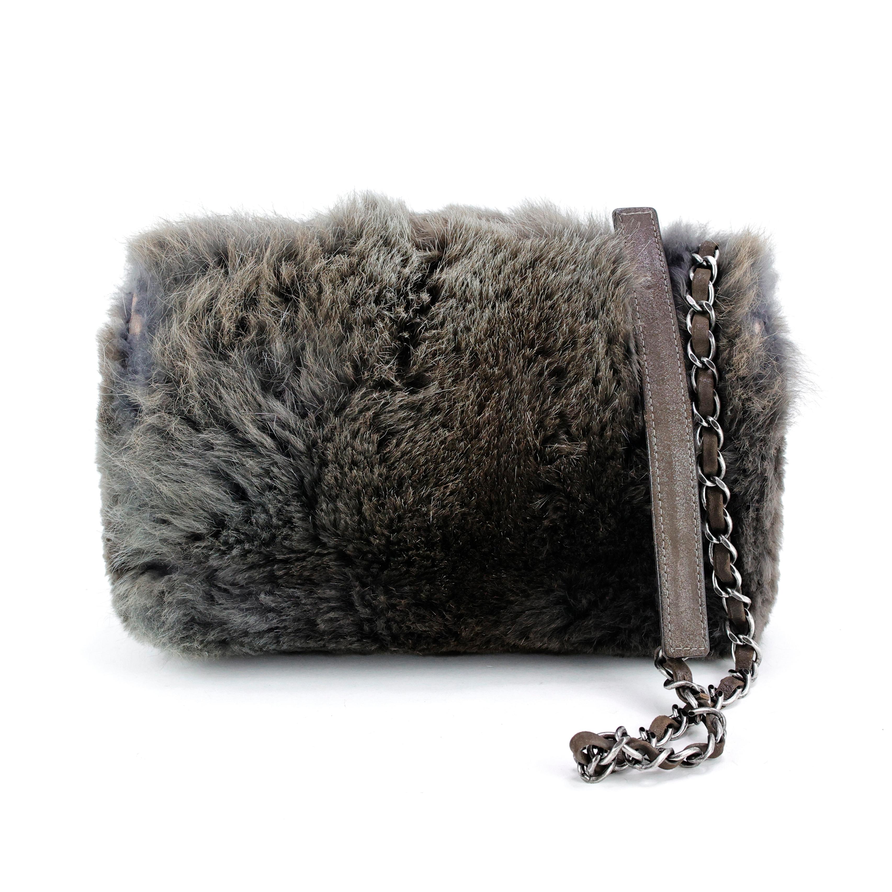Chanel 2013 Grey Fur CC Flap Bag For Sale 3