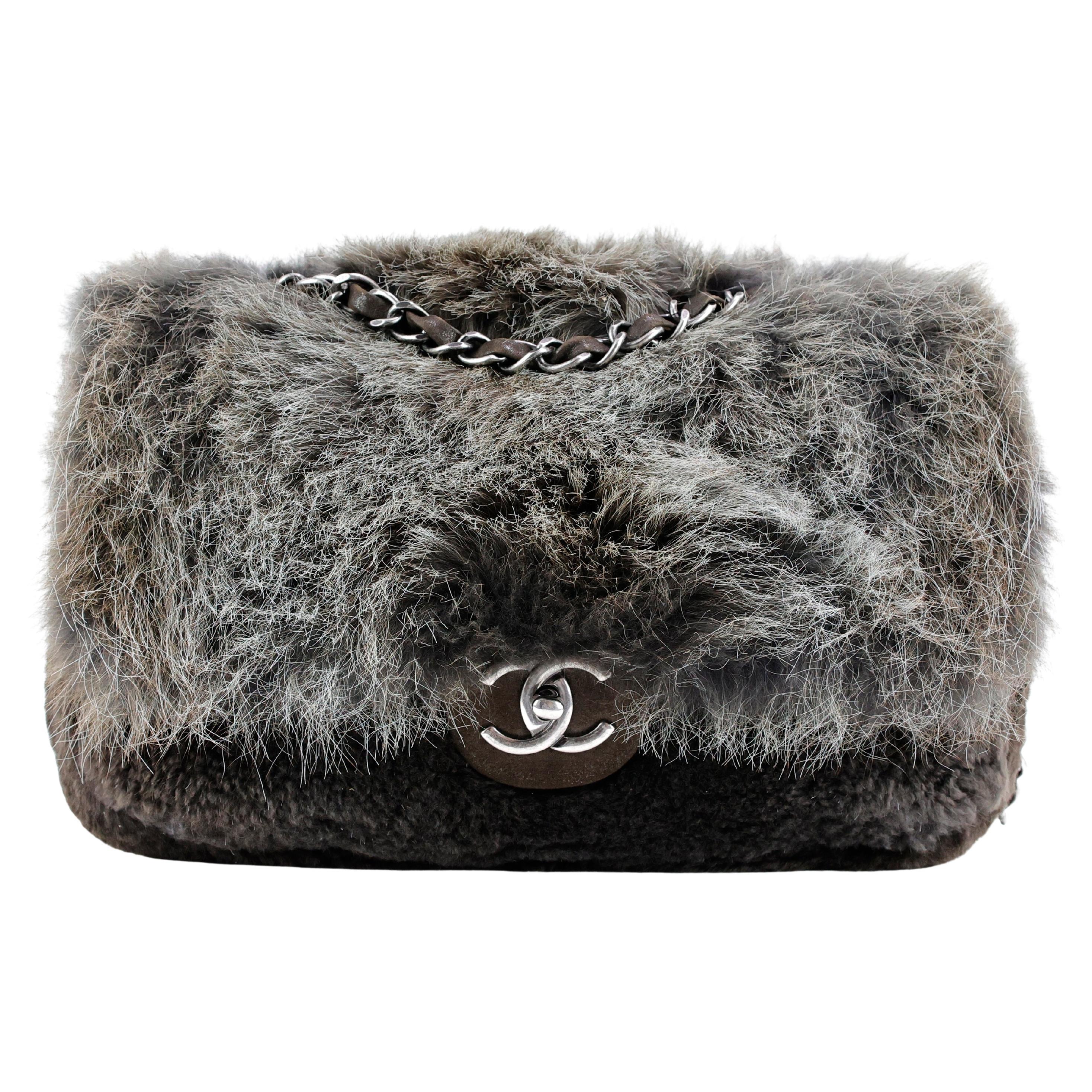 Chanel 2013 Grey Fur CC Flap Bag For Sale