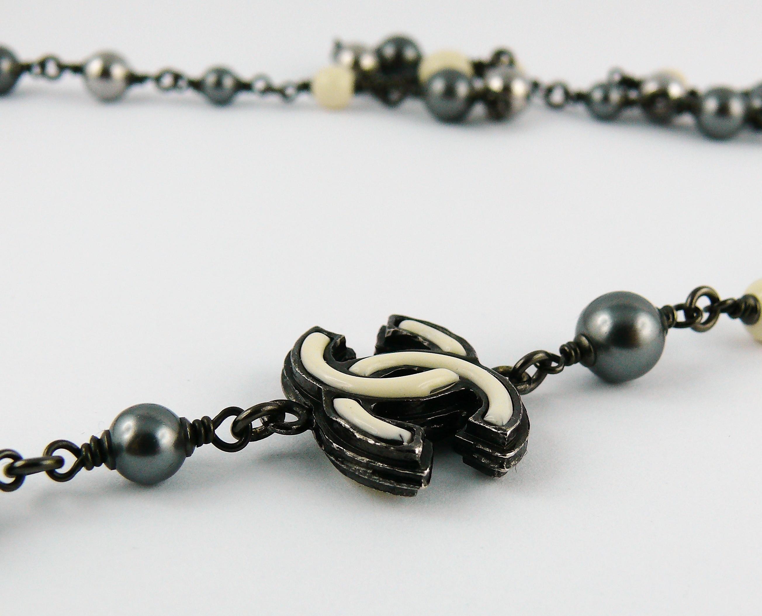 Chanel 2013 Long Grey and White Bead Logo Necklace For Sale 3