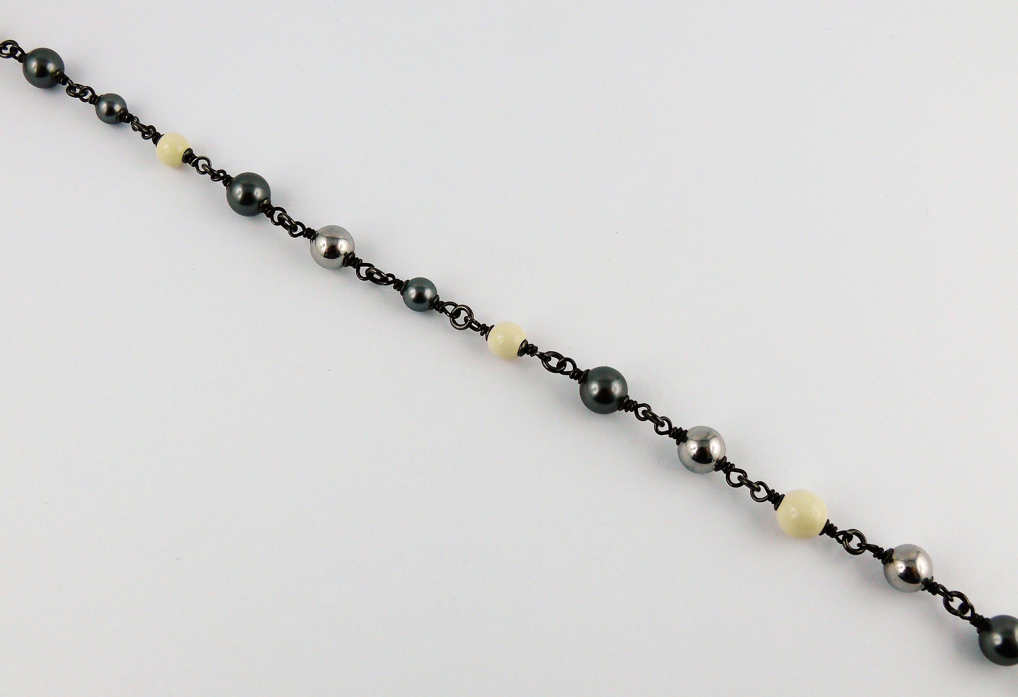 Chanel 2013 Long Grey and White Bead Logo Necklace For Sale 5